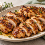 Maple Dijon air fryer chicken thighs with herbs on a cream platter
