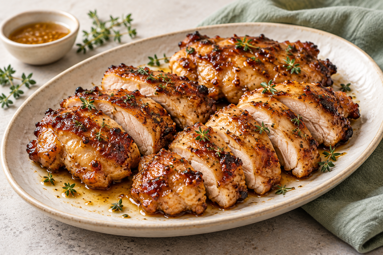 Maple Dijon air fryer chicken thighs with herbs on a cream platter