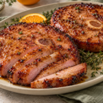 Glazed air fryer ham steaks sliced on a cream platter