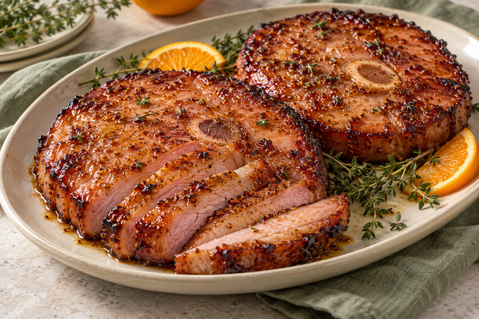 Glazed air fryer ham steaks sliced on a cream platter