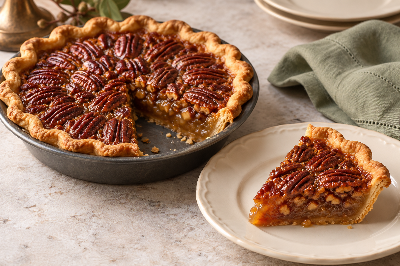 Small air fryer pecan pie with glossy toasted pecan filling