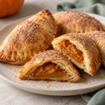 Golden pumpkin hand pies with cinnamon sugar on a cream plate