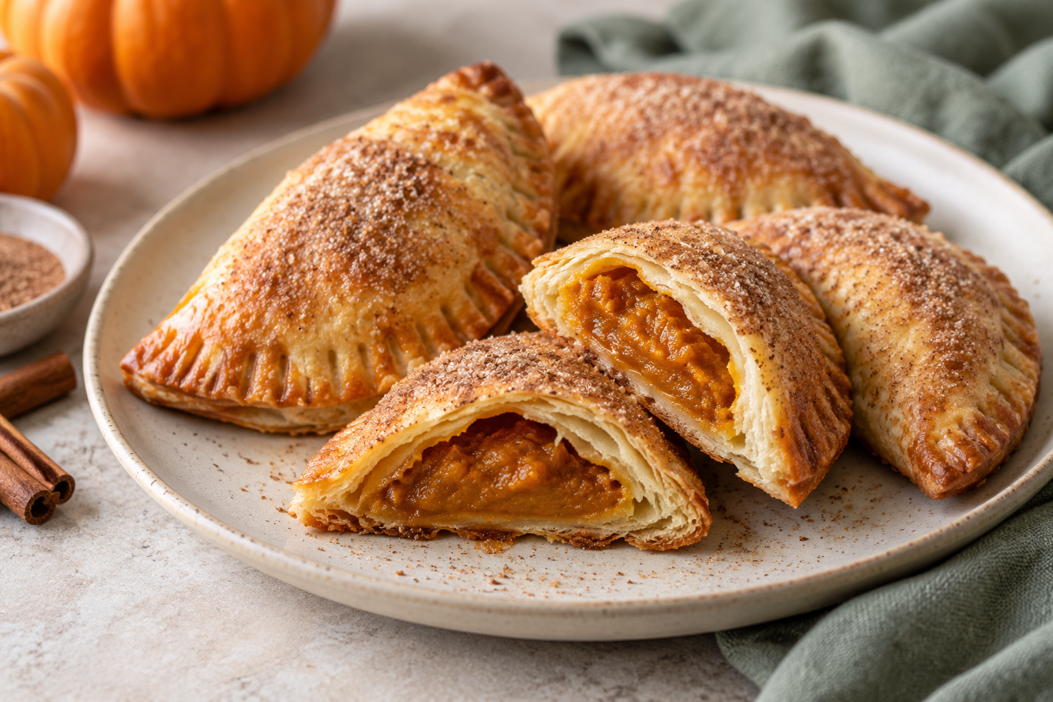 Golden pumpkin hand pies with cinnamon sugar on a cream plate