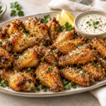 Crispy garlic Parmesan chicken wings served with lemon and parsley