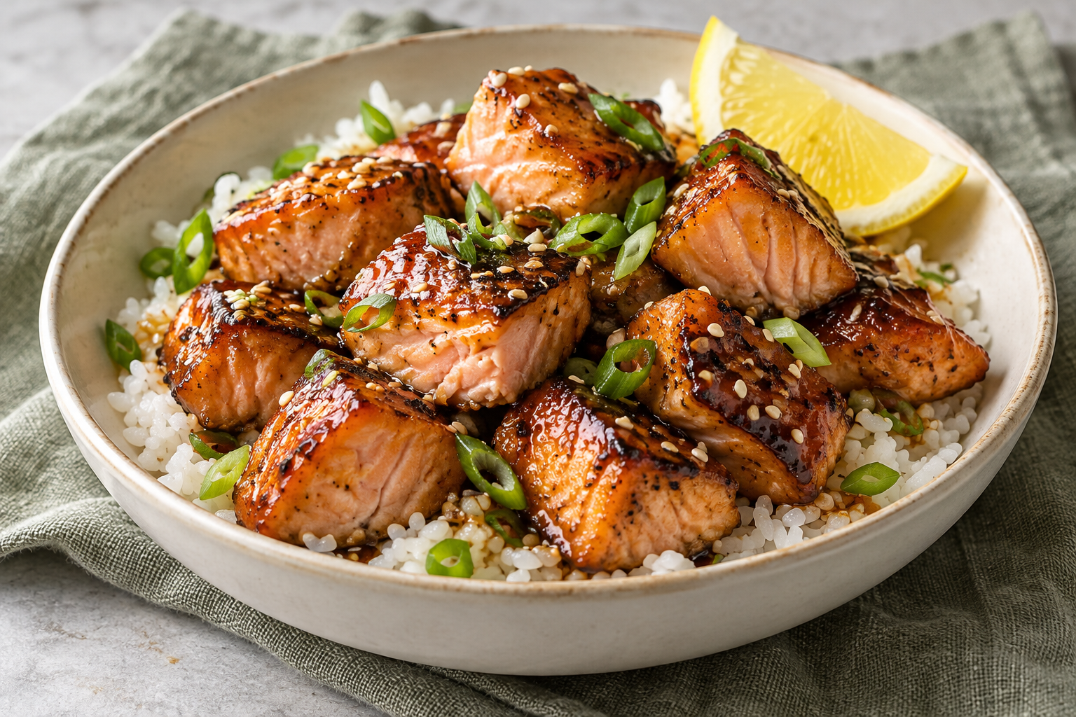 Maple glazed salmon bites served over rice with lemon and scallions