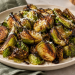 Crispy balsamic Brussels sprouts with Parmesan on a cream serving plate