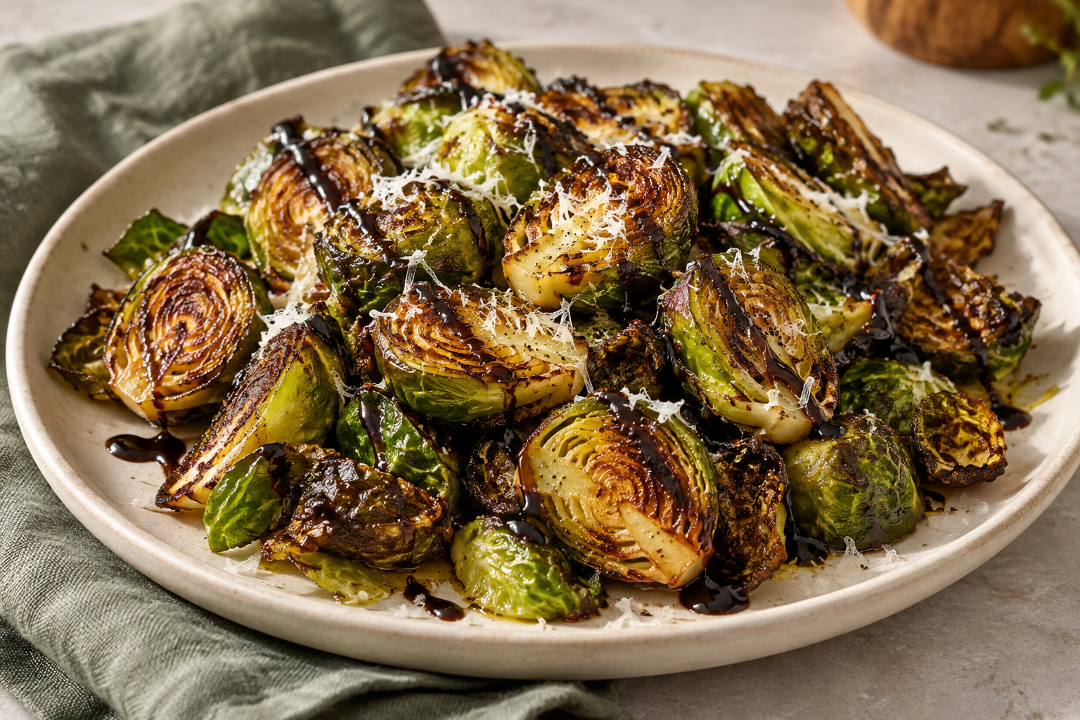 Crispy balsamic Brussels sprouts with Parmesan on a cream serving plate