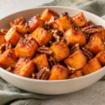 Maple cinnamon sweet potato cubes with pecans in a cream bowl