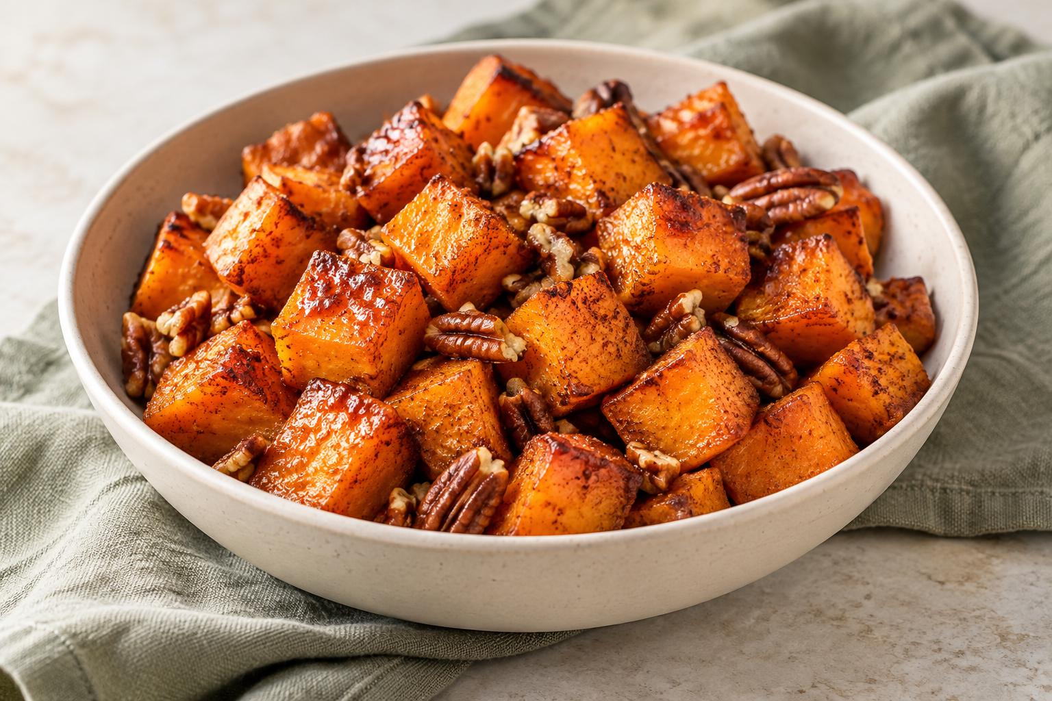 Maple cinnamon sweet potato cubes with pecans in a cream bowl