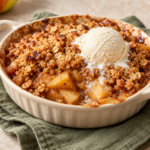 Warm air fryer apple crisp with golden oat topping and vanilla ice cream