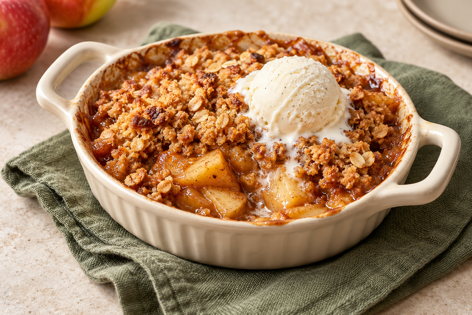 Warm air fryer apple crisp with golden oat topping and vanilla ice cream