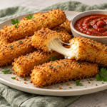 Crispy frozen mozzarella sticks with marinara sauce and parsley