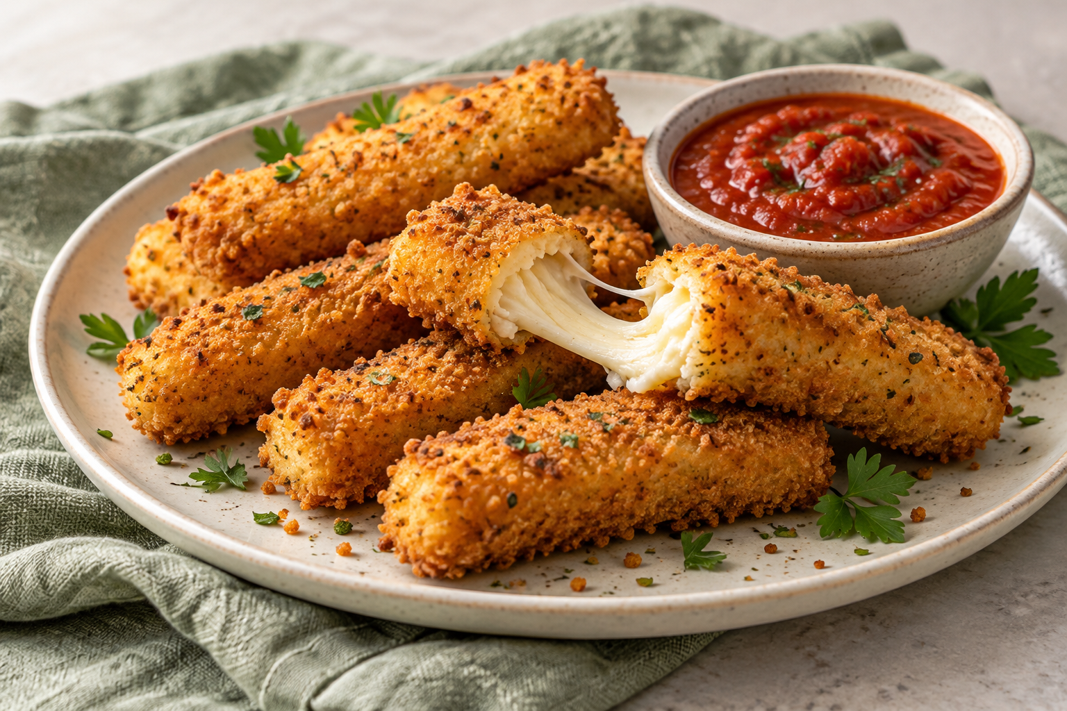 Crispy frozen mozzarella sticks with marinara sauce and parsley