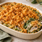 Creamy air fryer green bean casserole with crisp fried onions