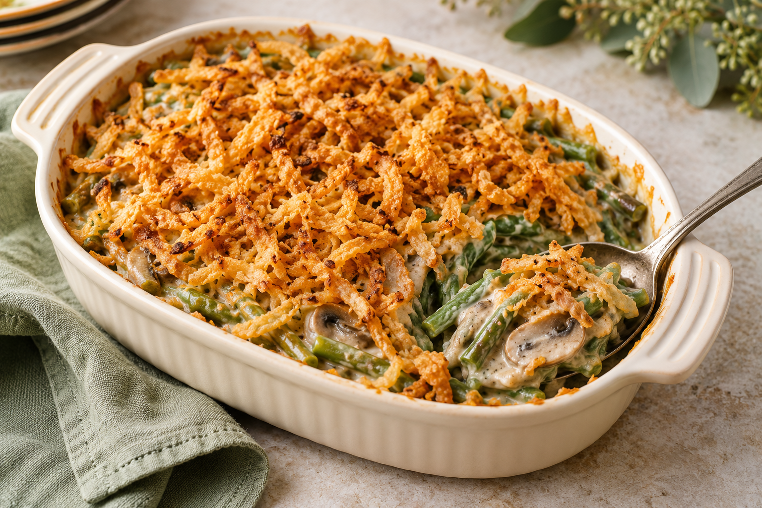 Creamy air fryer green bean casserole with crisp fried onions