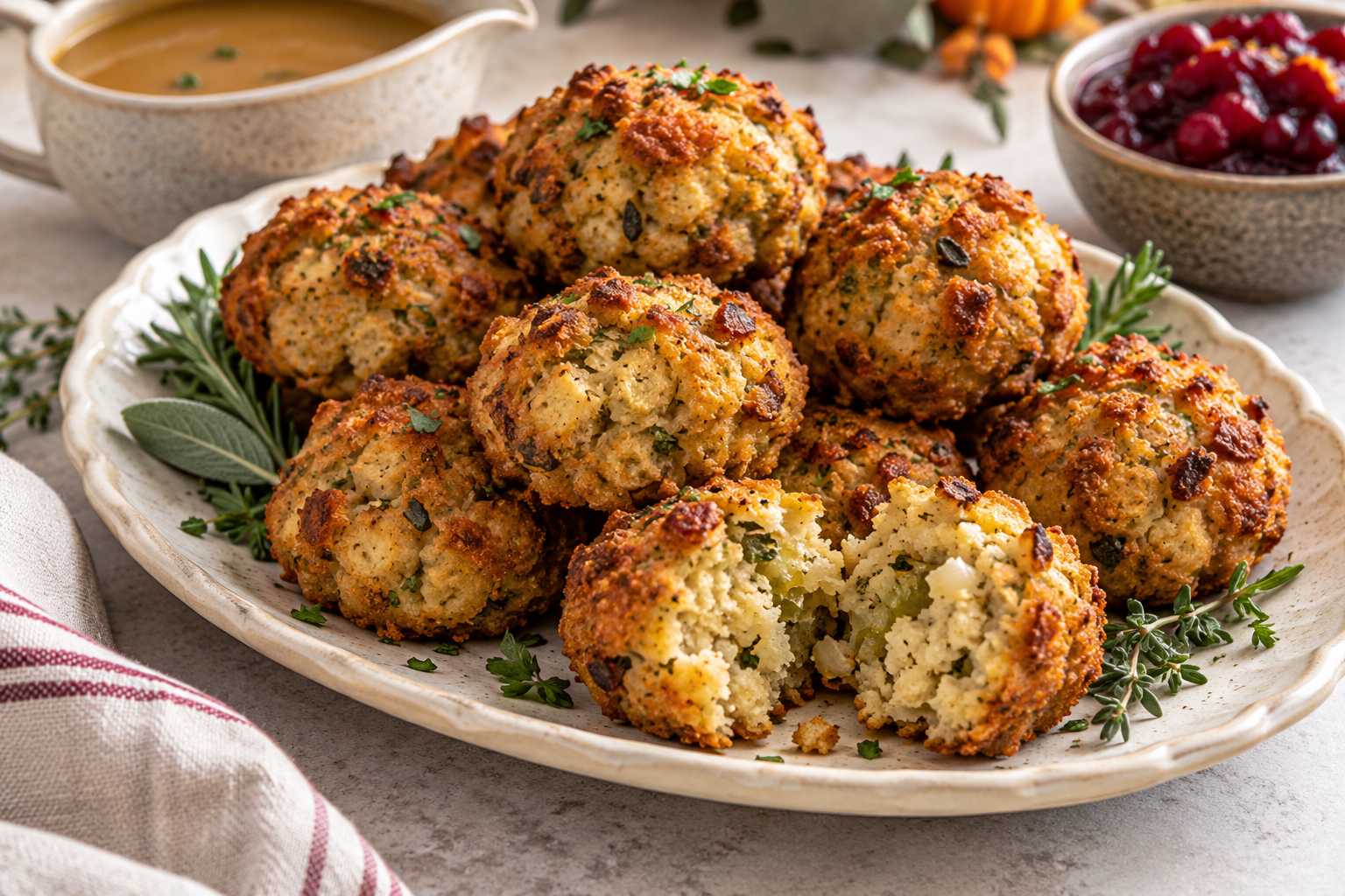 Golden air fryer stuffing balls with sage and gravy