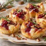 Golden cranberry brie bites with rosemary on a holiday platter