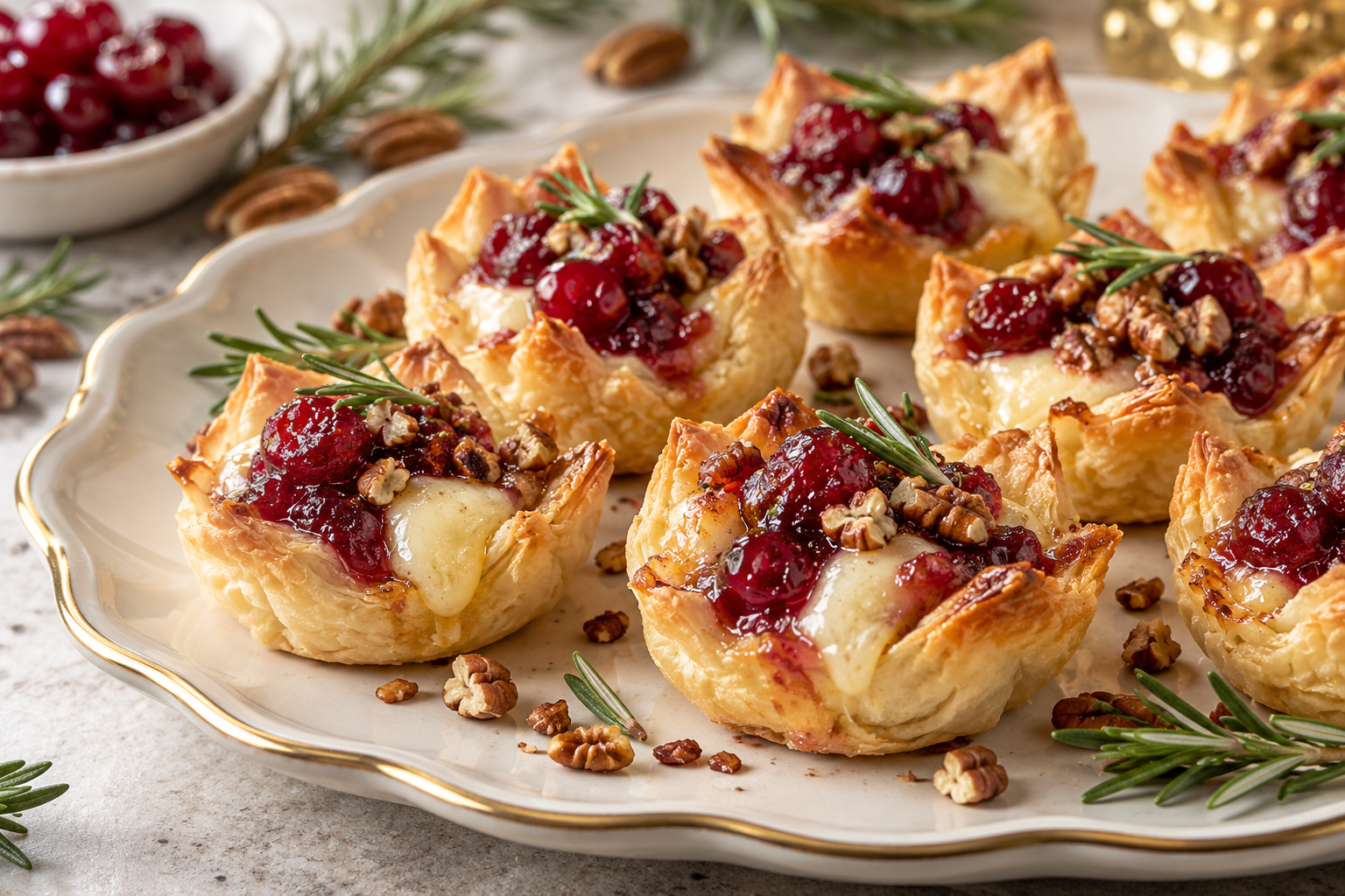 Golden cranberry brie bites with rosemary on a holiday platter