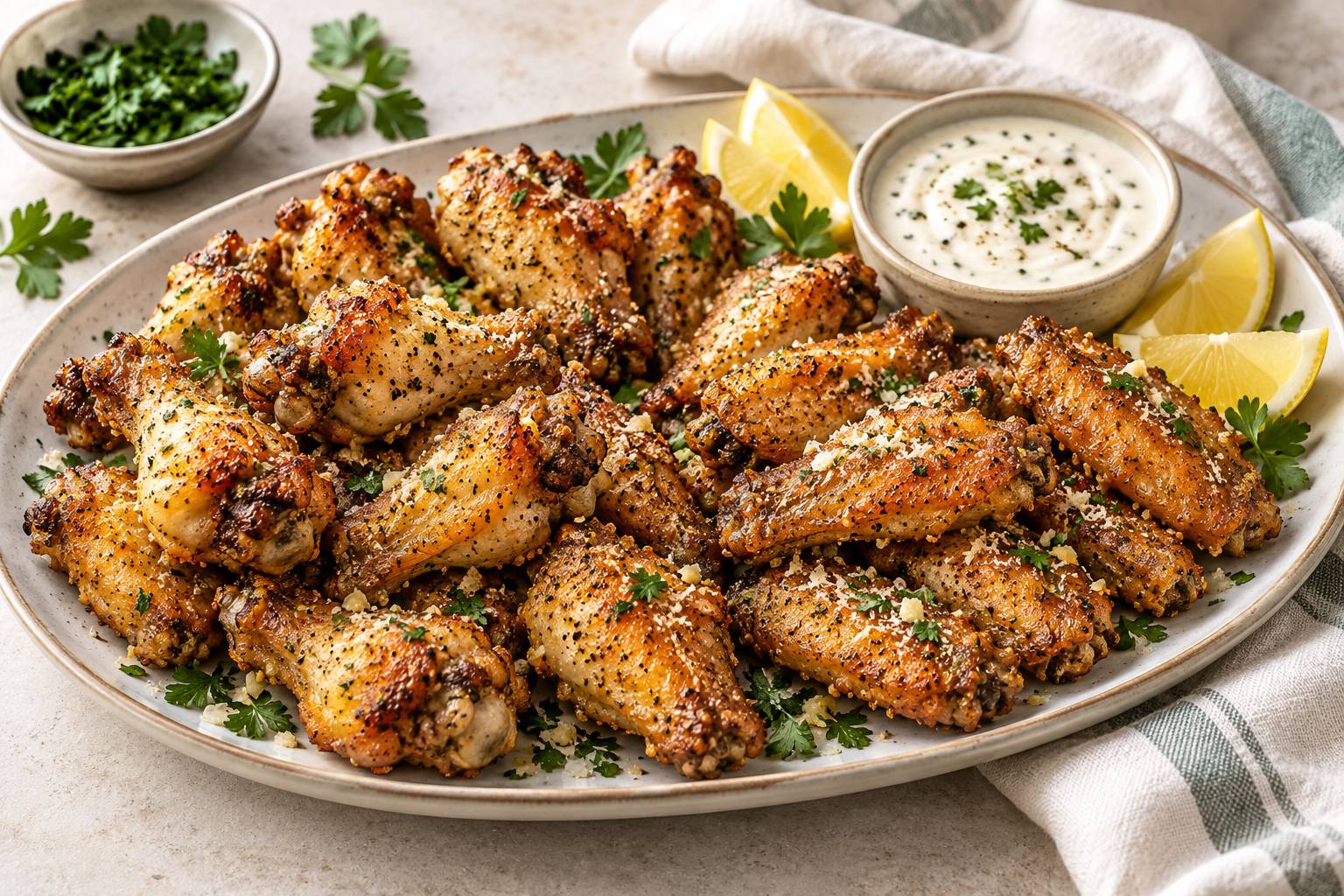 Crispy garlic Parmesan chicken wings served with lemon and parsley