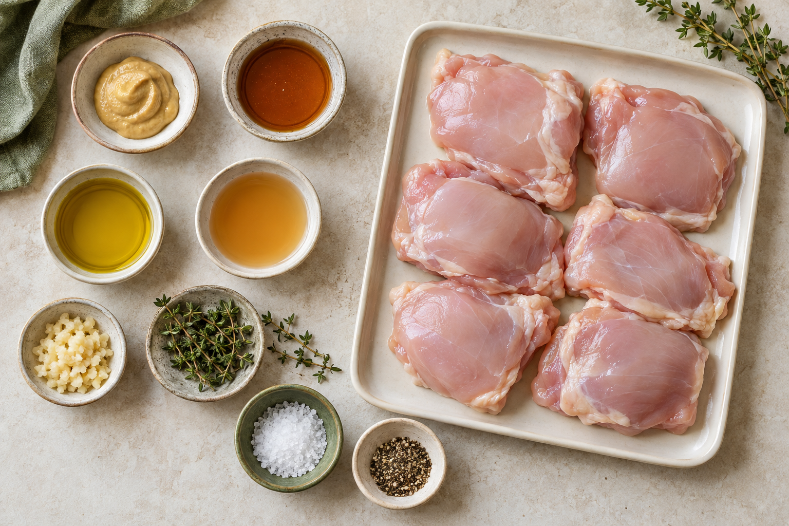 Ingredients for maple Dijon chicken thighs arranged on a pale counter