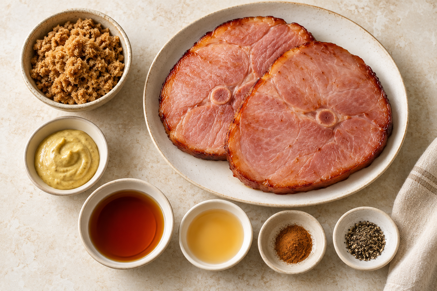 Brown sugar ham steak ingredients arranged overhead