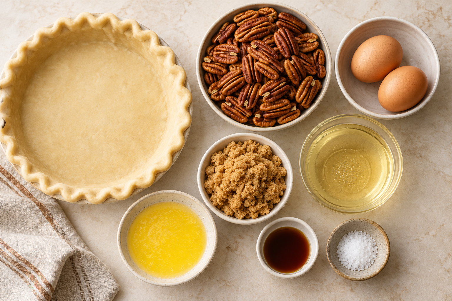 Pecan pie ingredients arranged on a pale counter