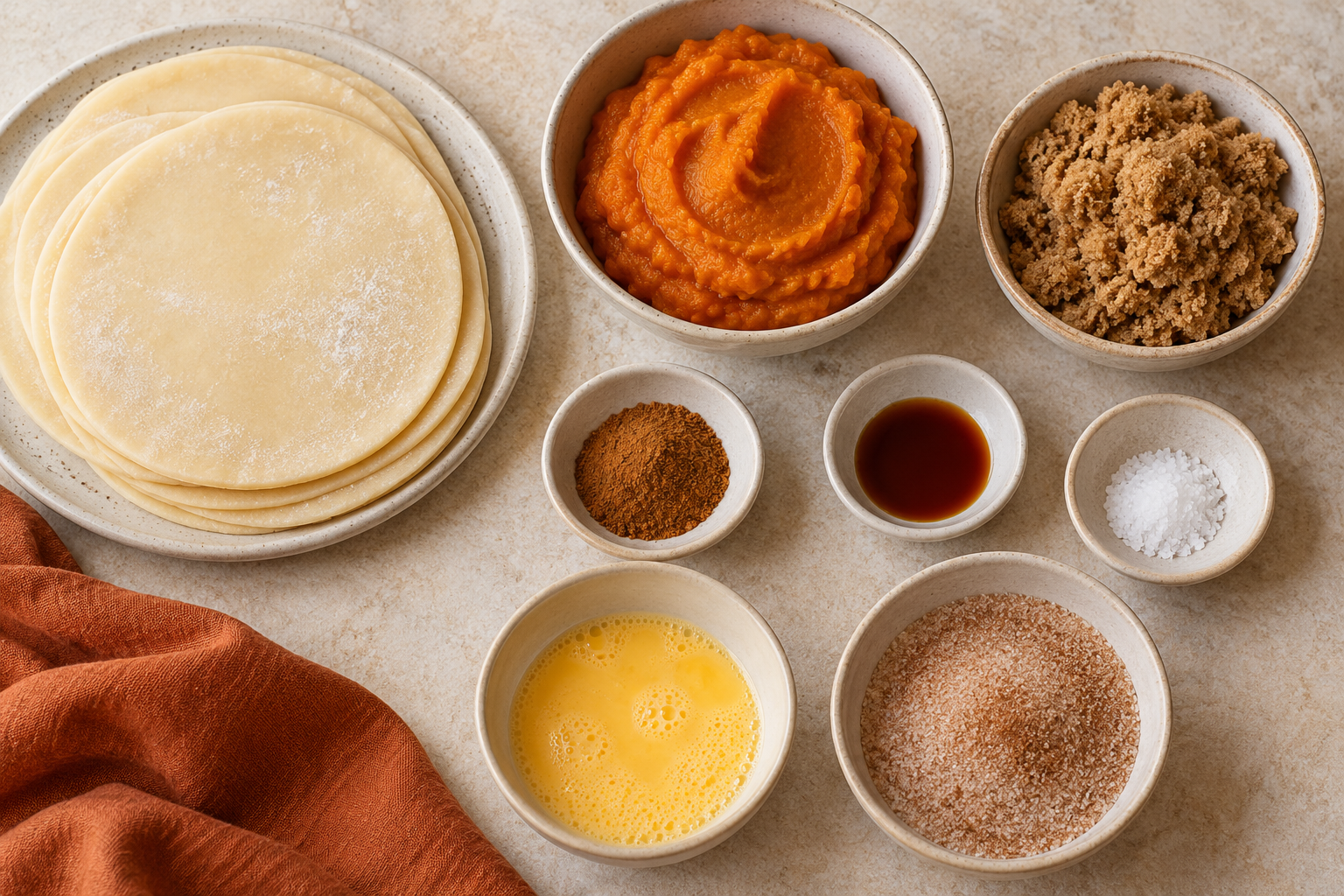 Pumpkin hand pie ingredients arranged overhead