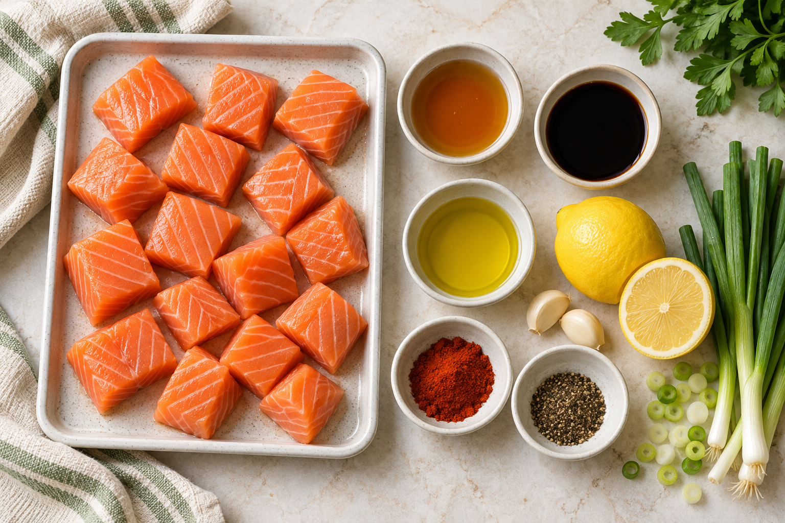 Ingredients for maple glazed salmon bites arranged overhead