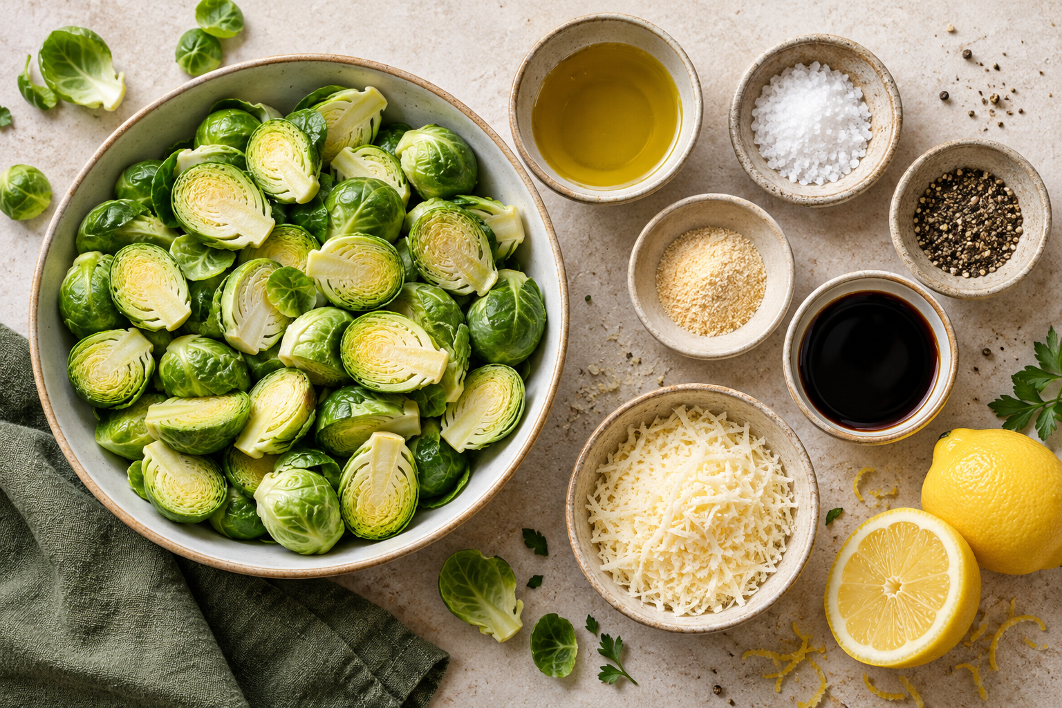 Brussels sprouts with balsamic glaze and seasonings arranged overhead