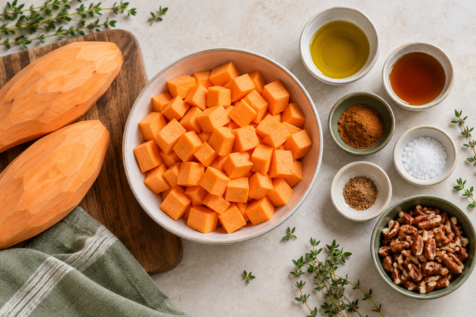 Sweet potatoes with maple syrup cinnamon and seasonings arranged overhead