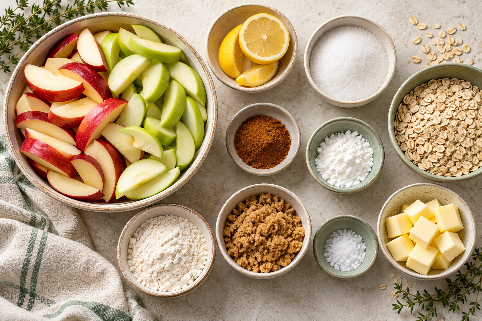 Ingredients for air fryer apple crisp arranged overhead