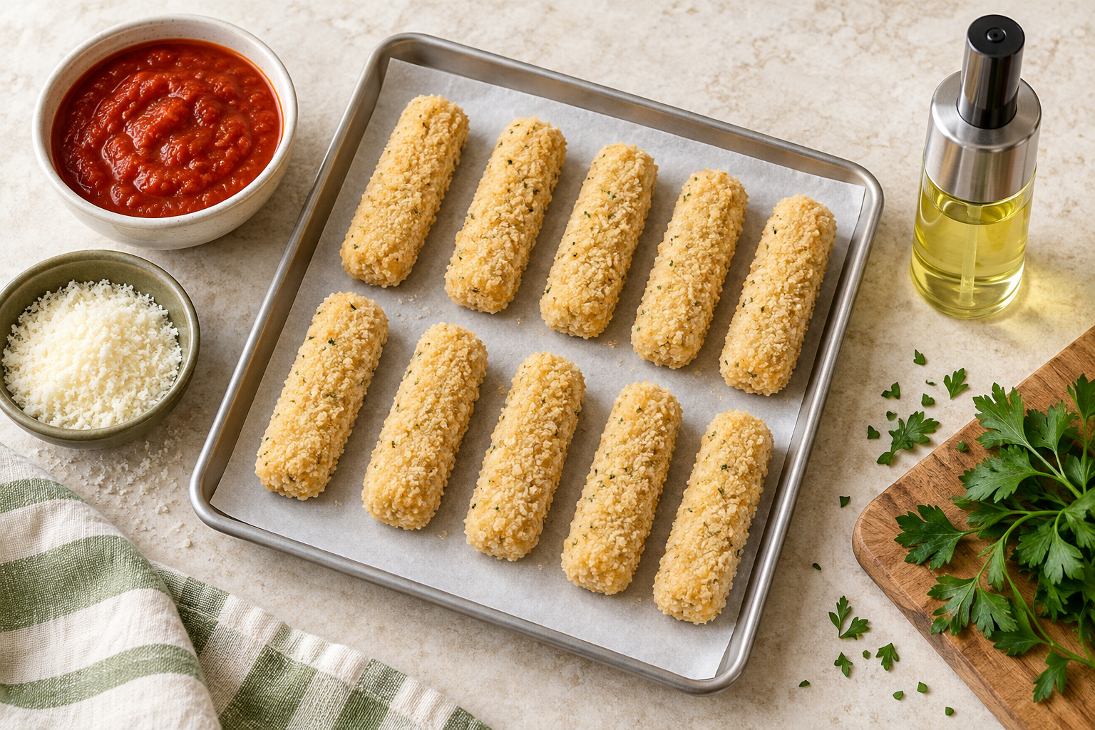 Frozen mozzarella sticks with marinara and serving ingredients arranged overhead