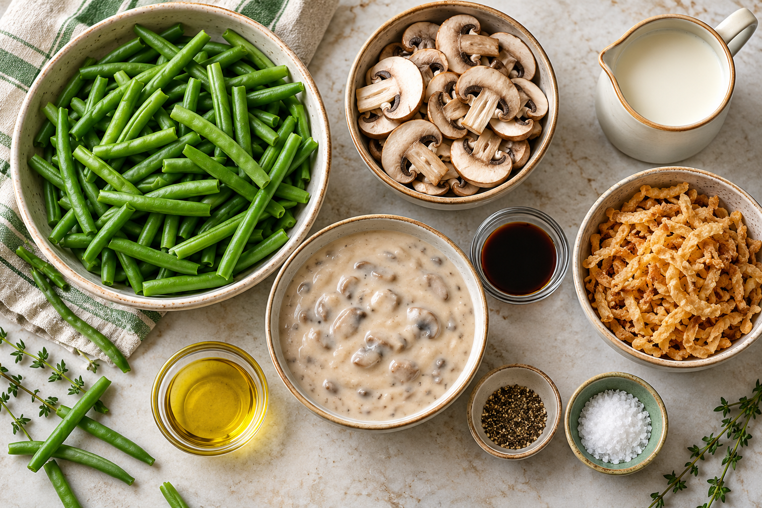 Green bean casserole ingredients arranged overhead