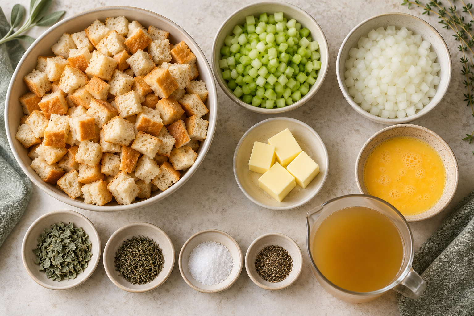 Stuffing ball ingredients arranged on a pale counter