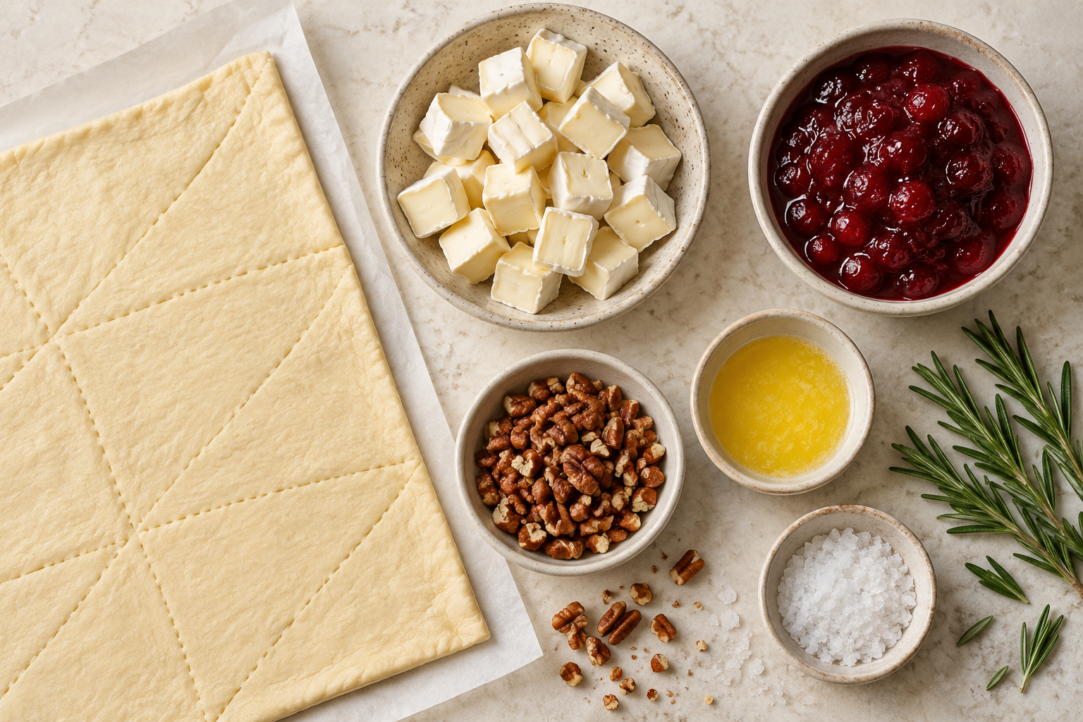 Cranberry brie bite ingredients arranged overhead