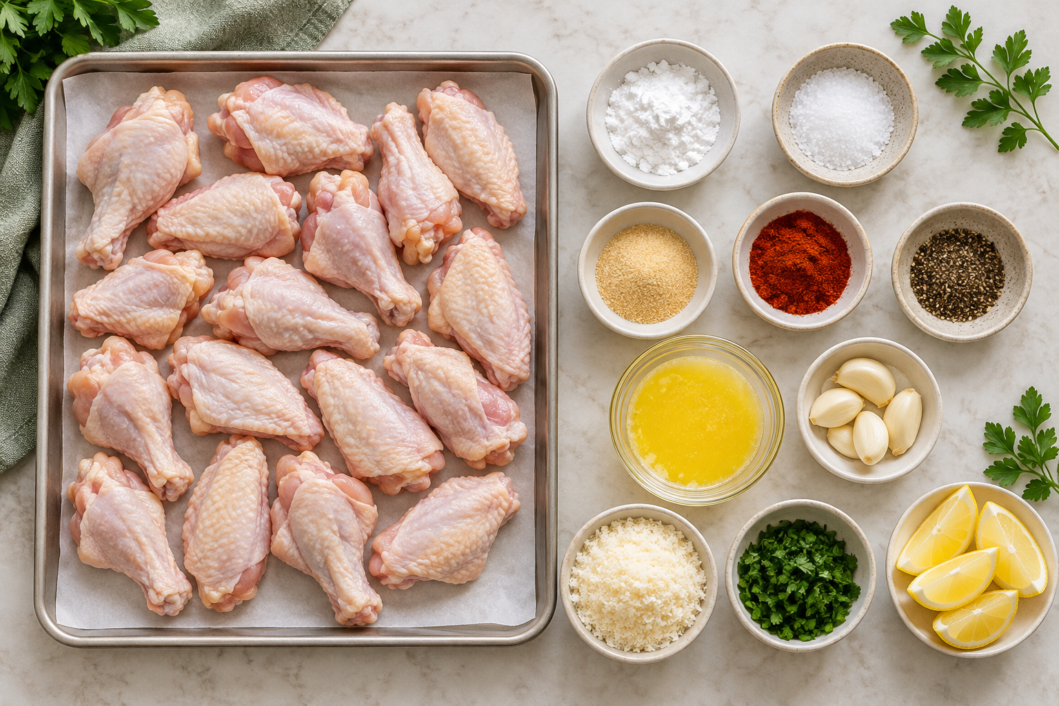 Ingredients for air fryer garlic Parmesan chicken wings arranged on a counter